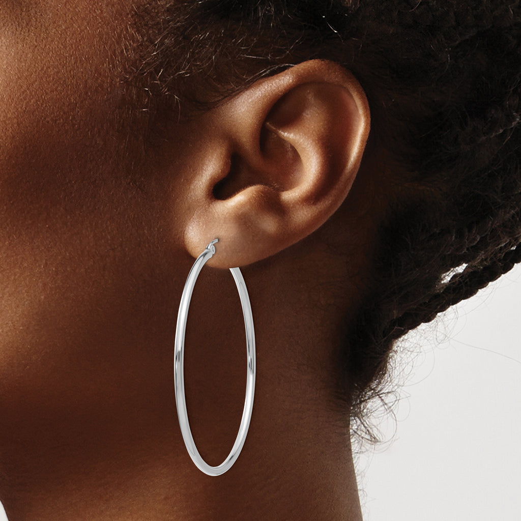 10K White Gold Polished Hoop Earrings with Rhodium Finish, 2mm Tube