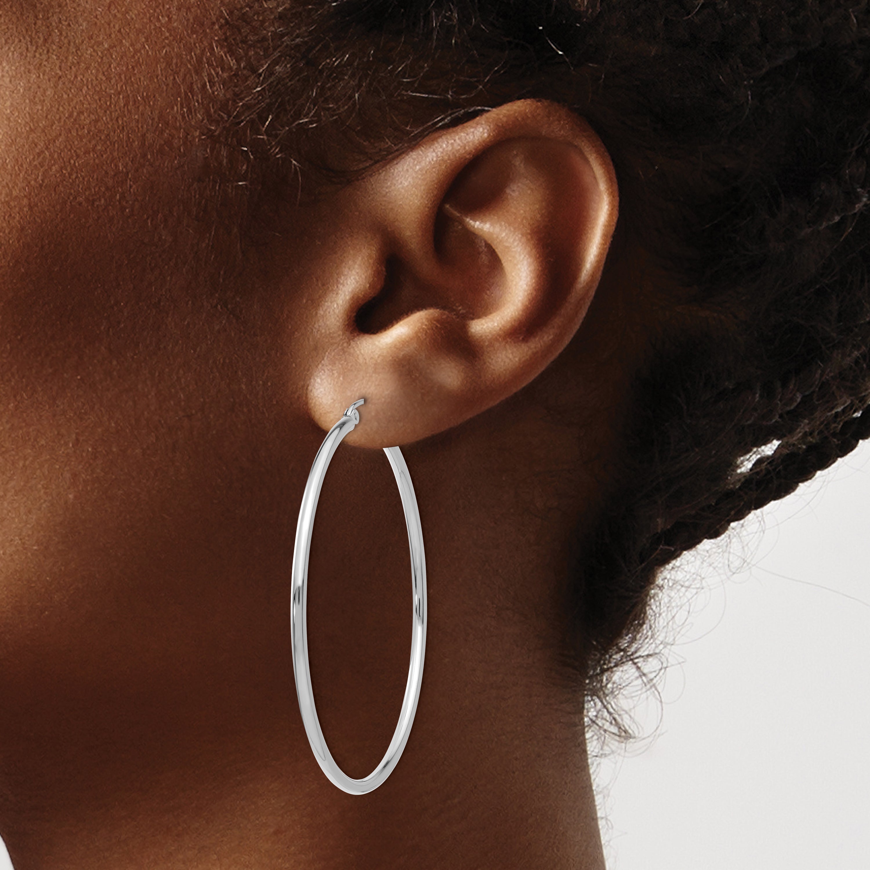 10K White Gold Polished Hoop Earrings with Rhodium Finish, 2mm Tube