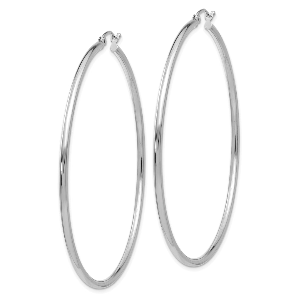 10K White Gold Polished Hoop Earrings with Rhodium Finish 2mm Tube