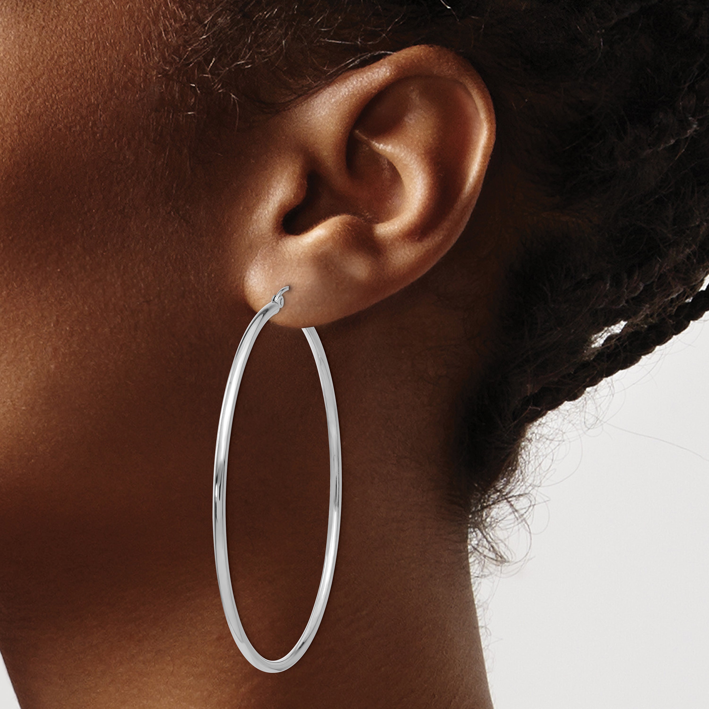 10K White Gold Polished Hoop Earrings with Rhodium Finish 2mm Tube