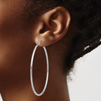 10K White Gold Polished Hoop Earrings with Rhodium Finish 2mm Tube