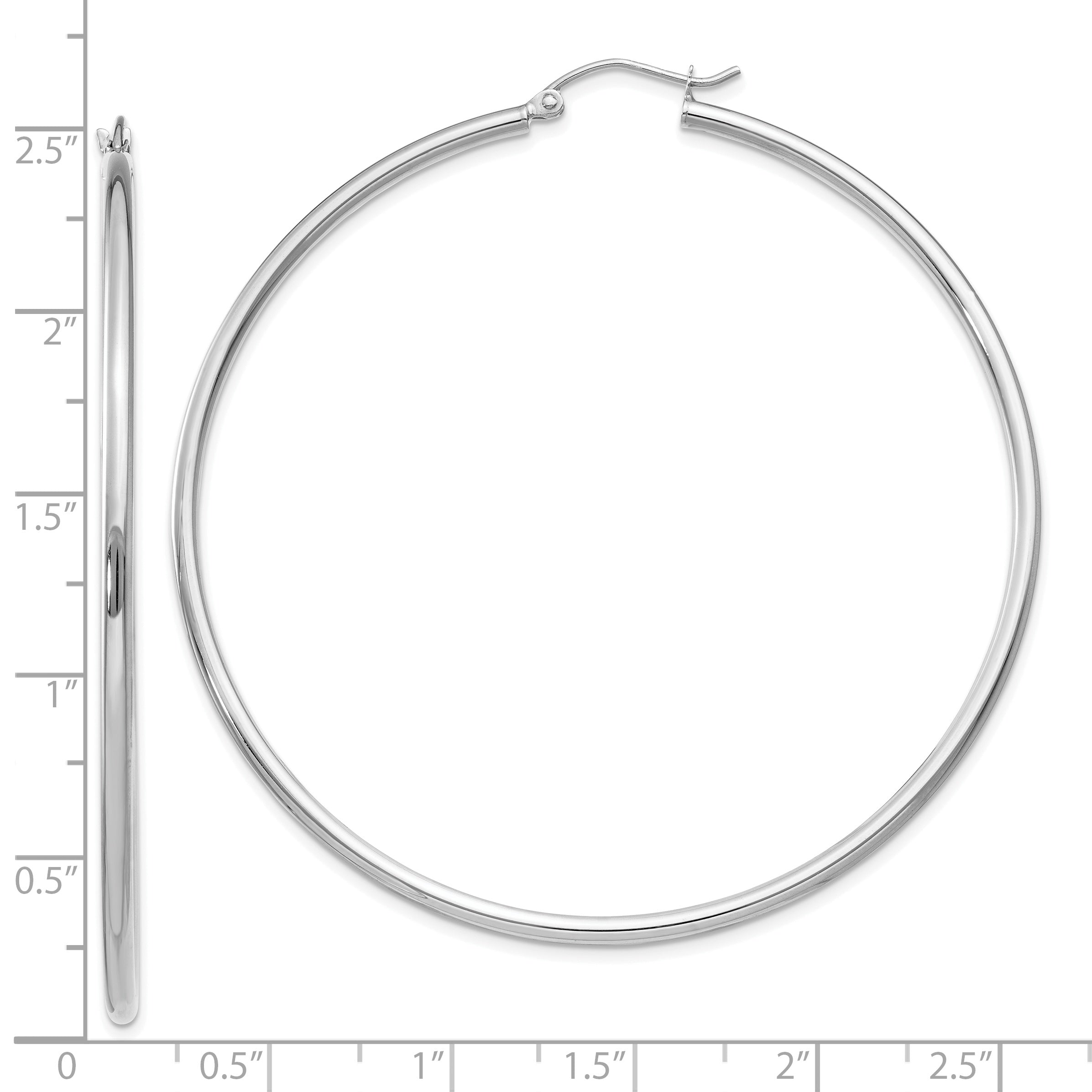 10K White Gold Polished Hoop Earrings with Rhodium Finish 2mm Tube