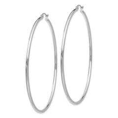 10K White Gold Polished Hoop Earrings with Rhodium Finish, 2mm Tube