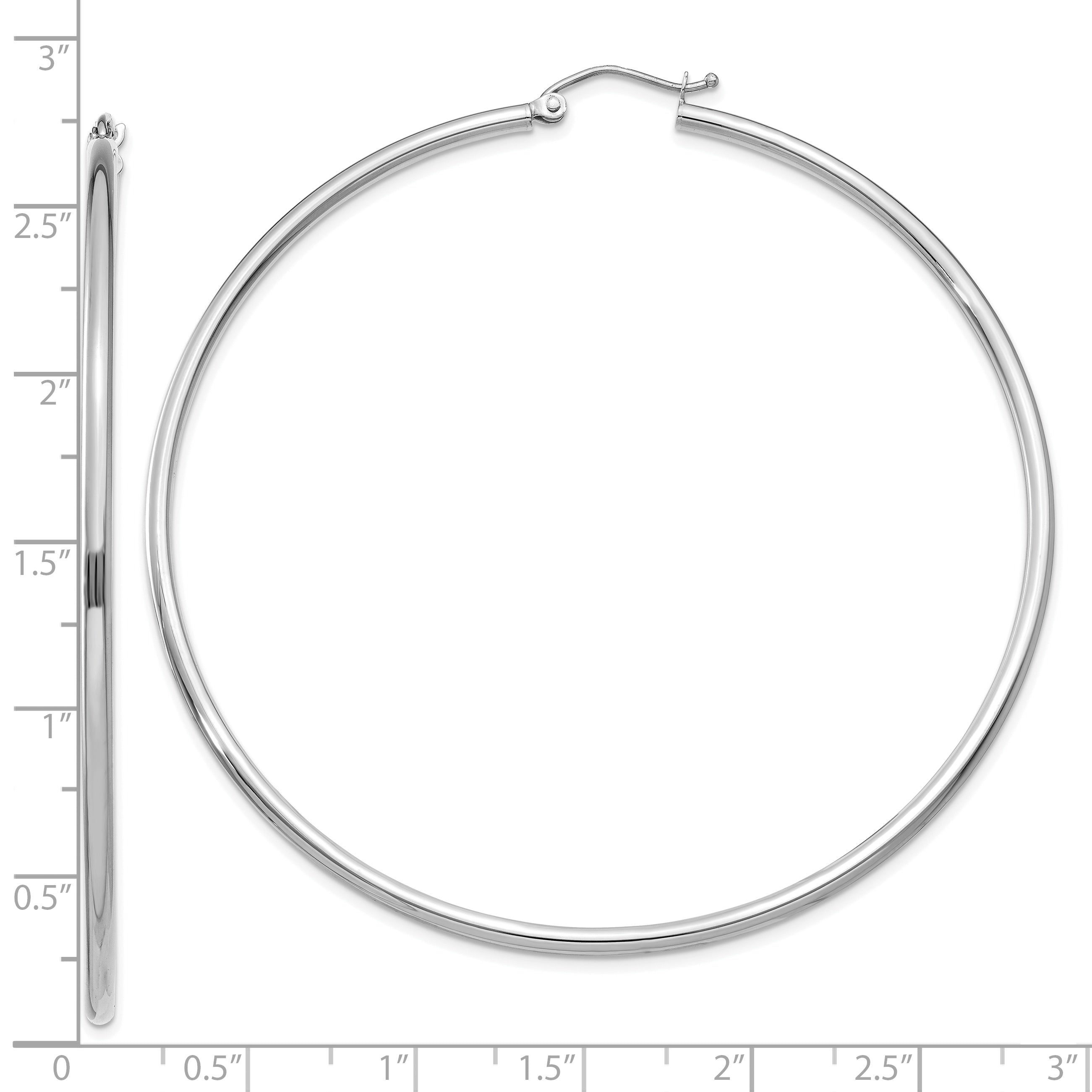 10K White Gold Polished Hoop Earrings with Rhodium Finish, 2mm Tube
