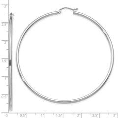 10K White Gold Polished Hoop Earrings with Rhodium Finish, 2mm Tube
