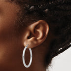 10K White Gold Polished Hoop Earrings 3mm Tube Rhodium-Plated 30mm