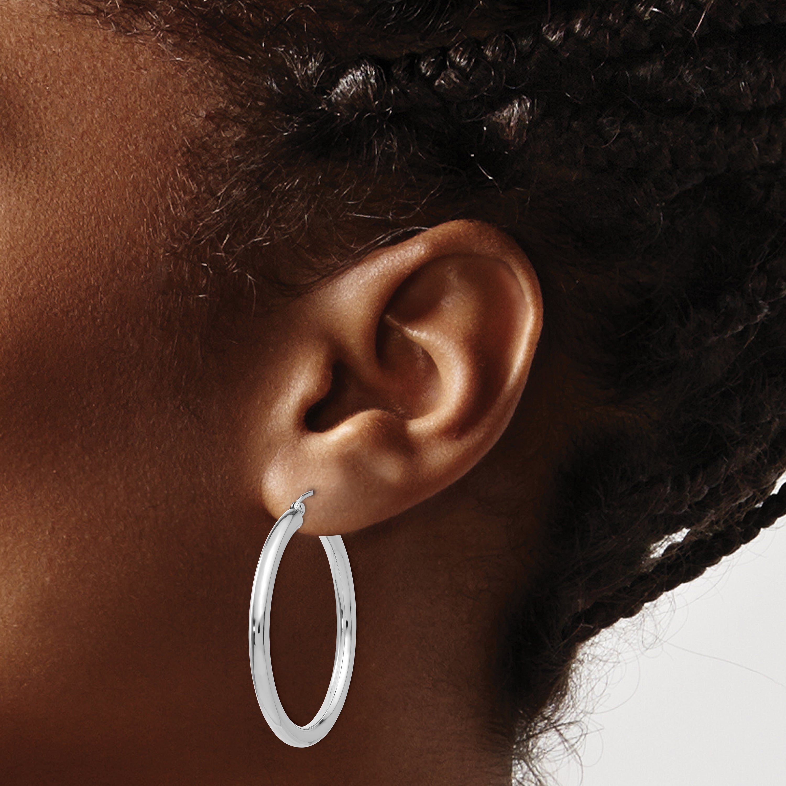 10K White Gold Polished Hoop Earrings 3mm Tube Rhodium-Plated 30mm