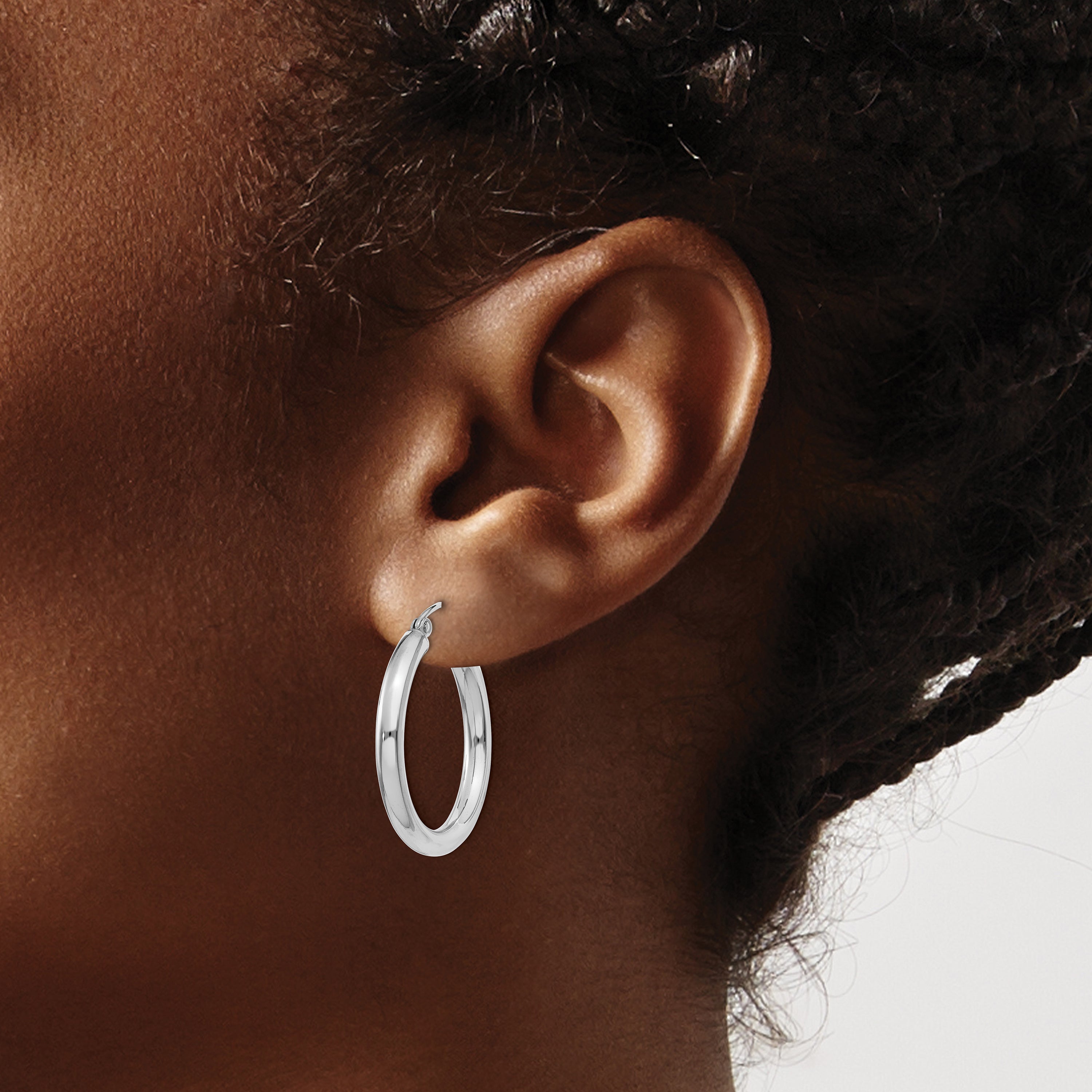 10K White Gold Polished Hoop Earrings 3mm Tube Rhodium-Plated