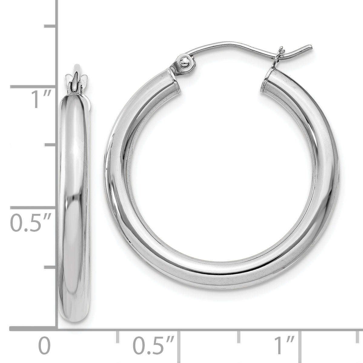 10K White Gold Polished Hoop Earrings 3mm Tube Rhodium-Plated