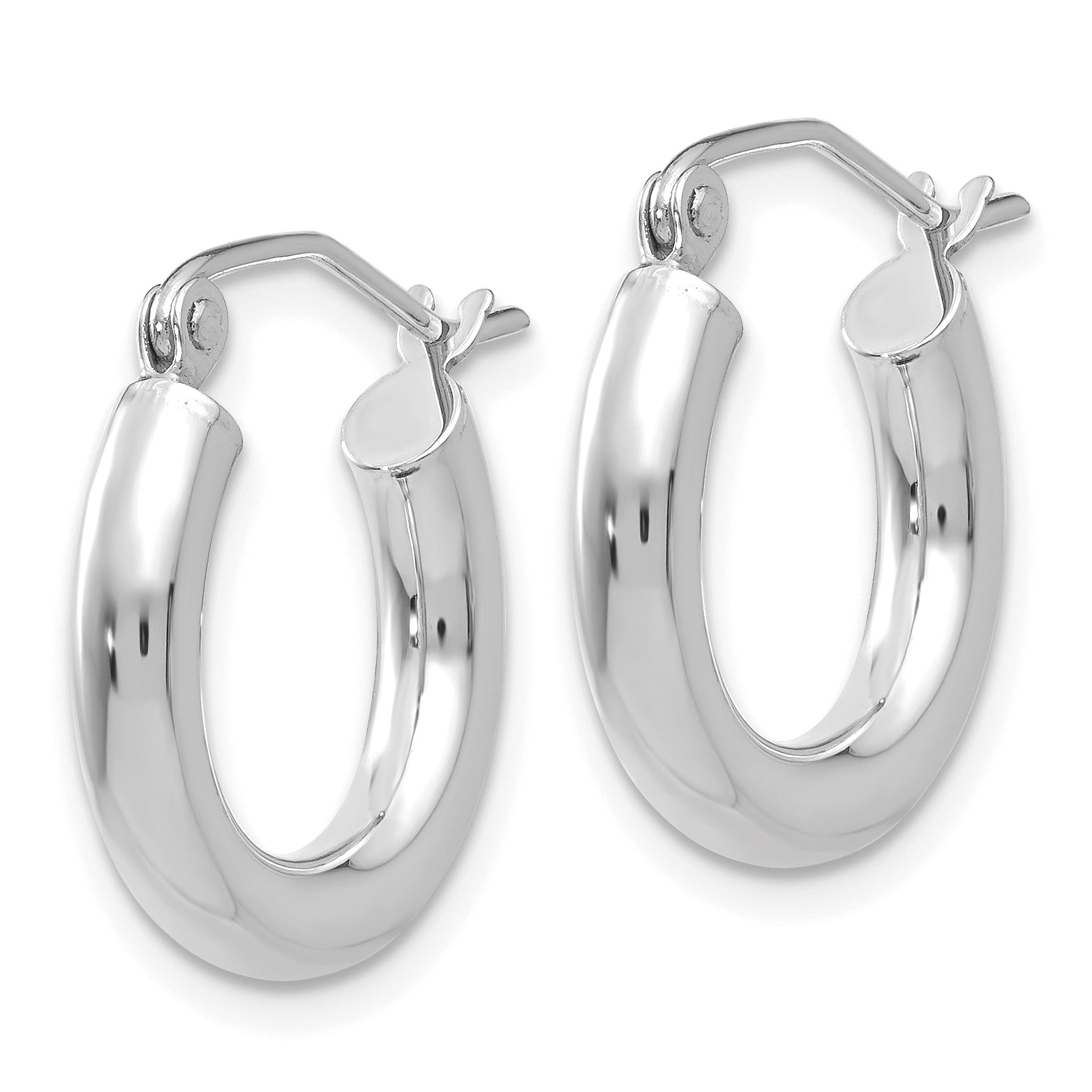 10K White Gold Polished Hoop Earrings with Rhodium Finish, 3mm Tube Design