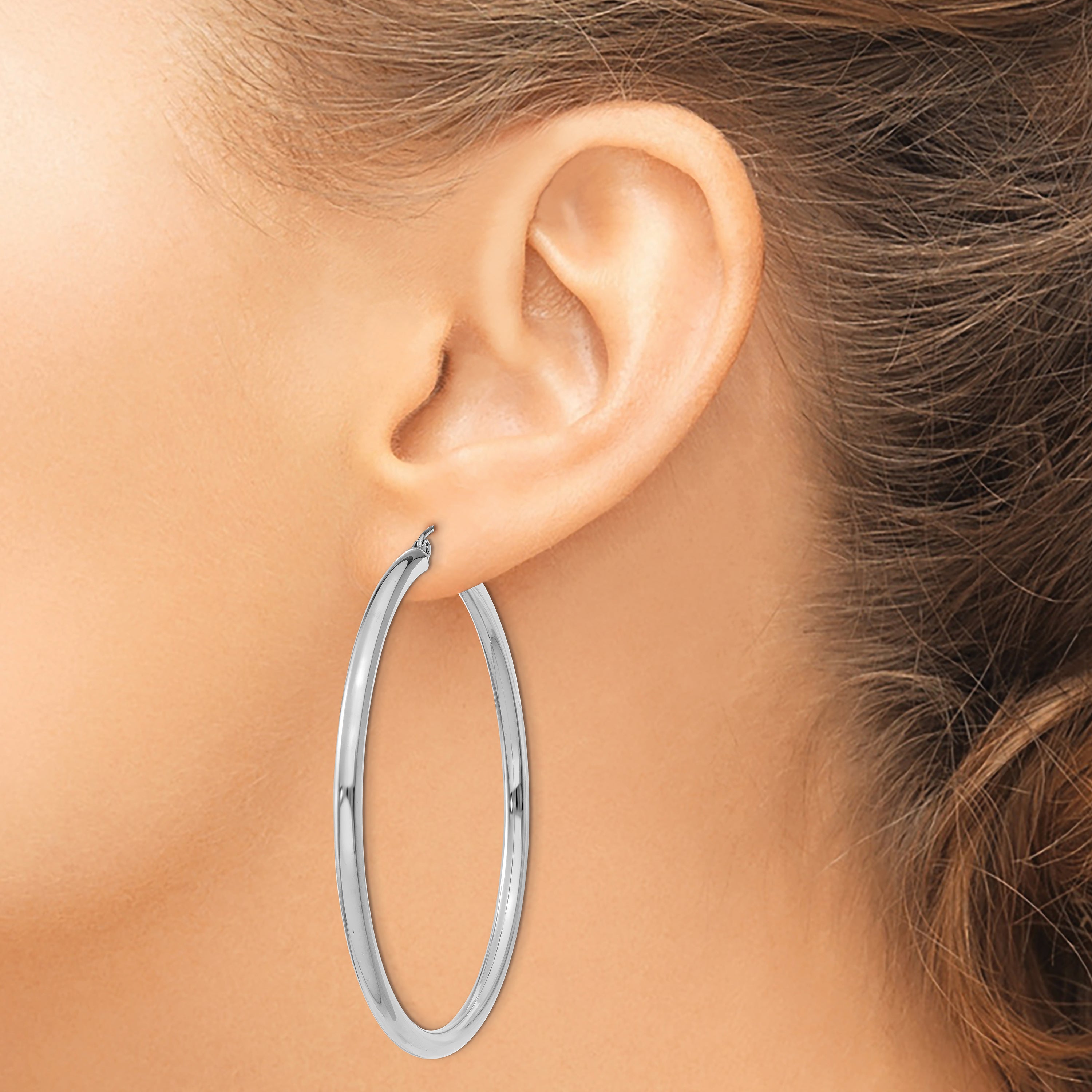 10K White Gold Hoop Earrings with Polished Finish  3mm Tube, 50mm Length