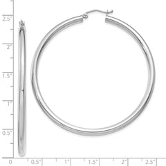 10K White Gold Hoop Earrings with Polished Finish  3mm Tube, 50mm Length