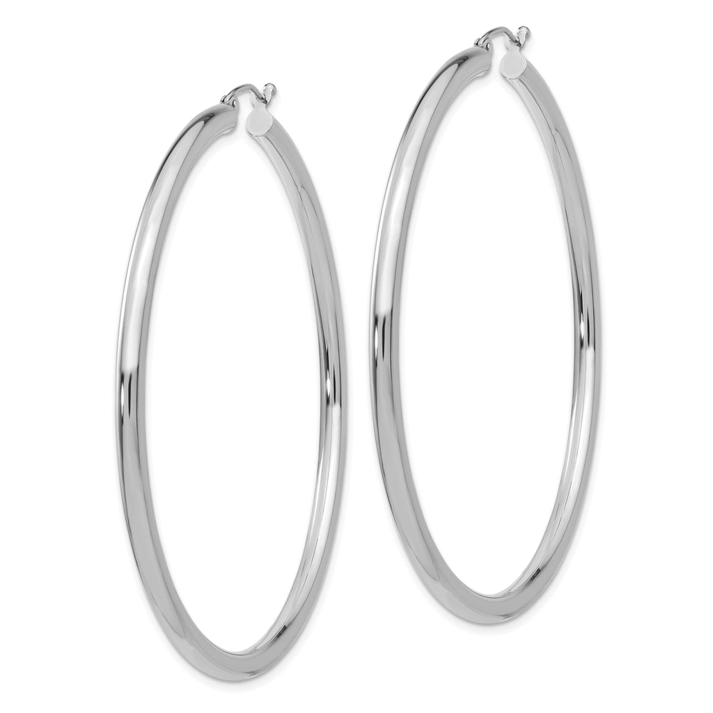10K White Gold Polished Hoop Earrings 3mm Tube Rhodium-Plated