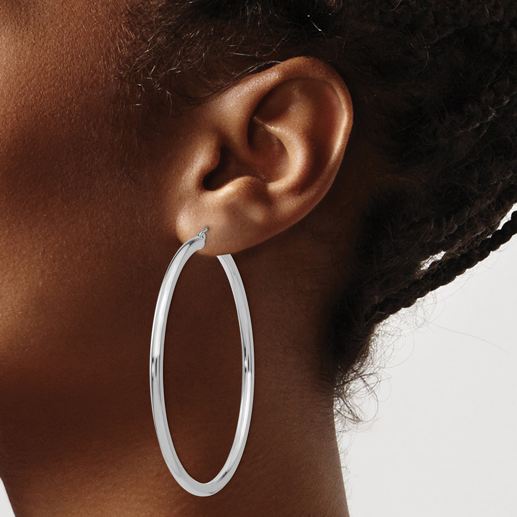 10K White Gold Polished Hoop Earrings 3mm Tube Rhodium-Plated