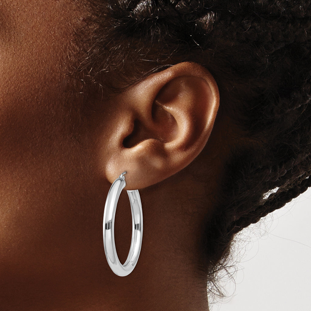 10K White Gold Polished Hoop Earrings with Rhodium Finish, 4mm Tube, 28mm Length