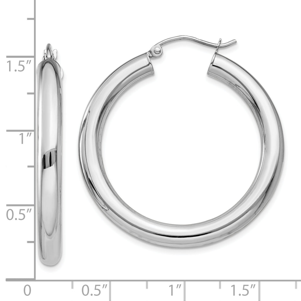 10K White Gold Polished Hoop Earrings with Rhodium Finish, 4mm Tube, 28mm Length