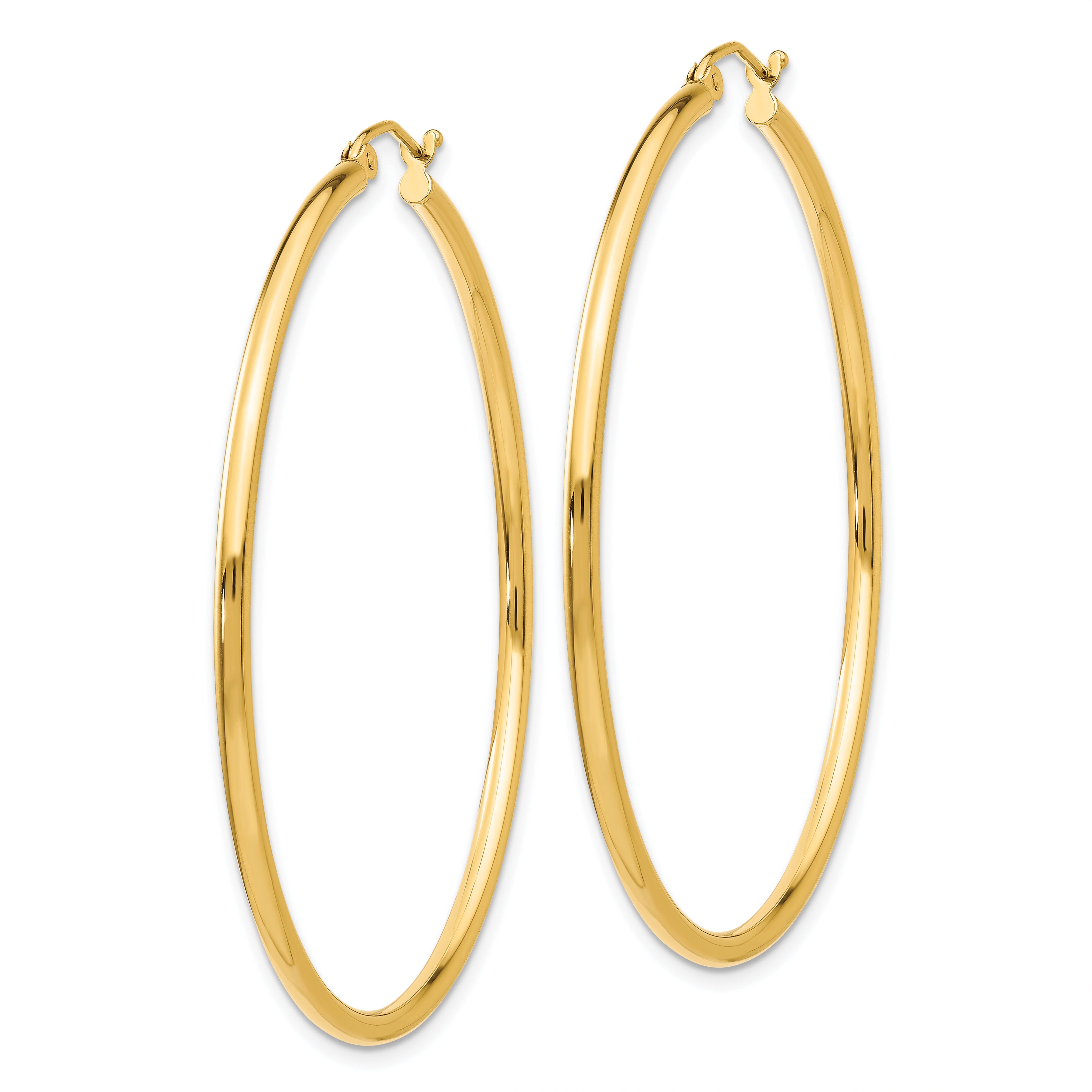10K Gold Polished Hoop Earrings 2mm Tube Elegant 49mm Drop