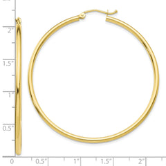 10K Gold Polished Hoop Earrings 2mm Tube Elegant 49mm Drop