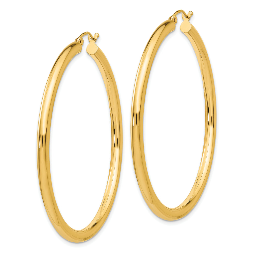 10K Gold Polished Hoop Earrings, 3mm Thick, 45mm Length