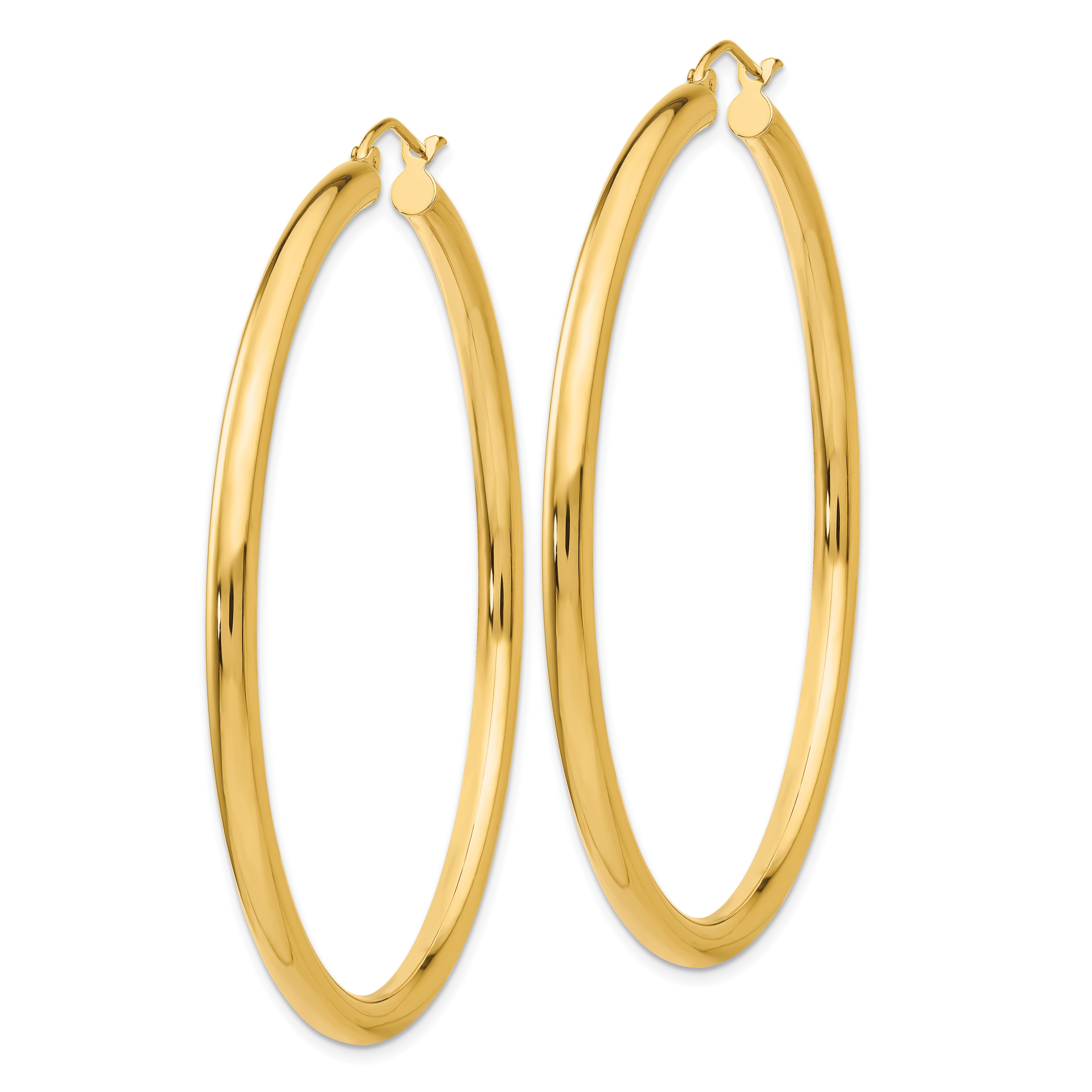 10K Gold Polished Hoop Earrings 3mm Tube with Wire Clasp Elegant 50mm