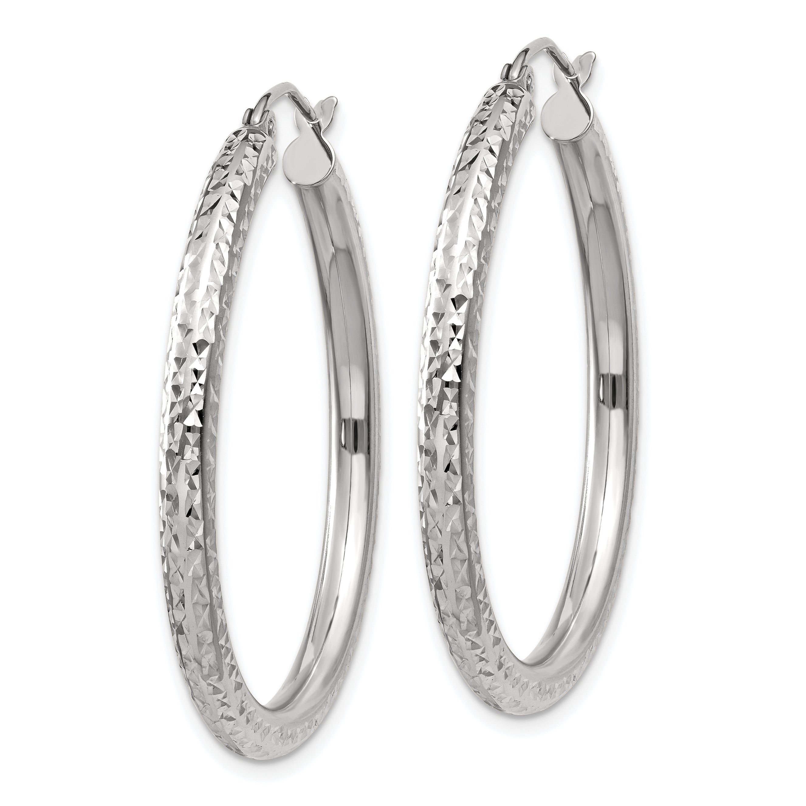 10K White Gold Diamond-Cut Hoop Earrings with Polished Rhodium Finish, 3mm