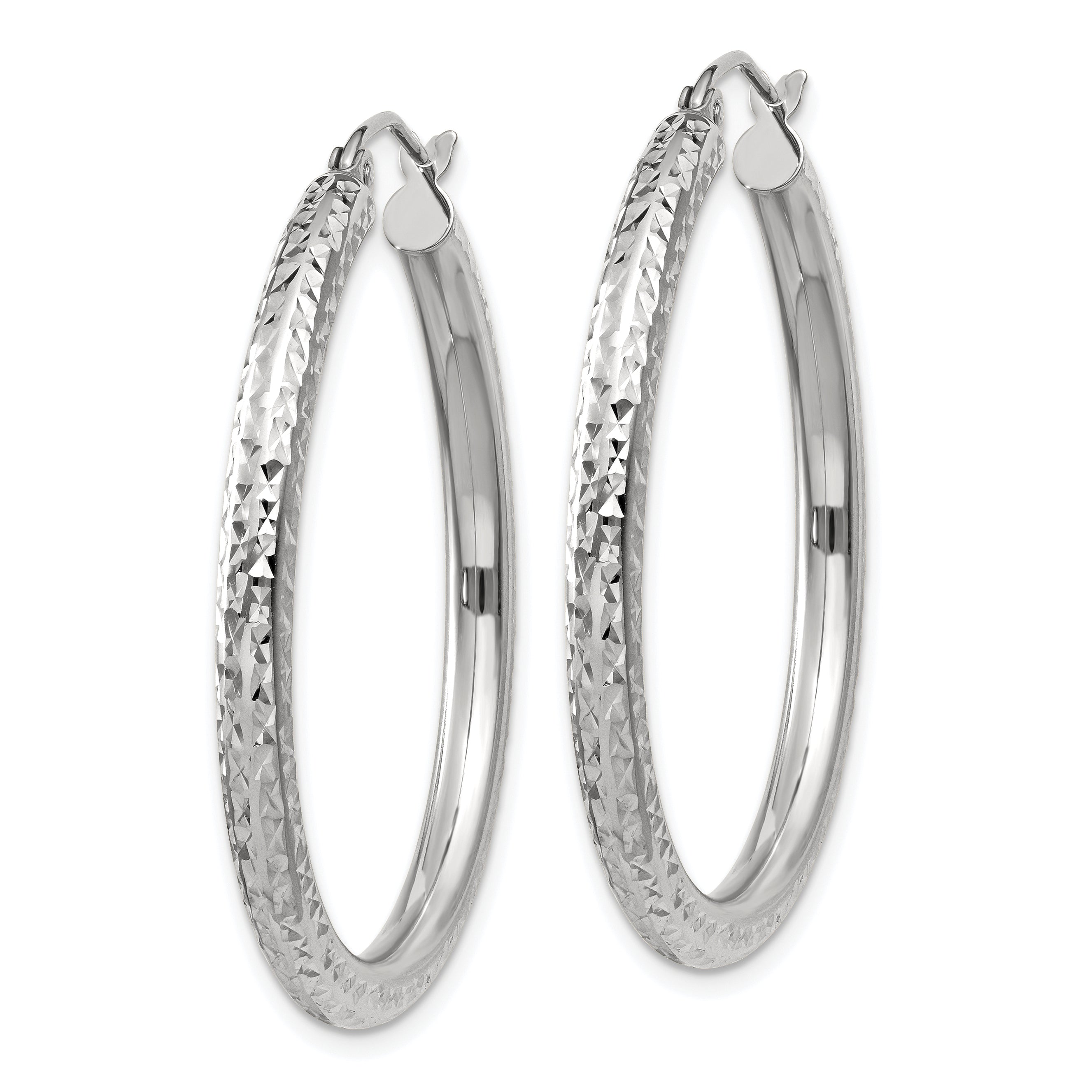 10k White Gold Diamond-cut 3mm Round Hoop Earrings