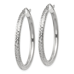 10K White Gold Diamond-Cut Hoop Earrings with Polished Rhodium Finish, 3mm
