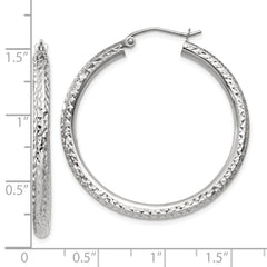 10K White Gold Diamond-Cut Hoop Earrings with Polished Rhodium Finish, 3mm
