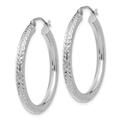 10K White Gold Diamond-Cut Hoop Earrings with Polished Finish  3mm Elegant Design