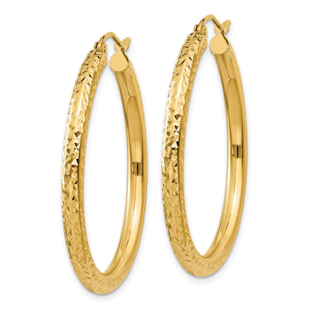 10K Gold Diamond-Cut Hoop Earrings with Polished Finish, 3mm Elegant Style