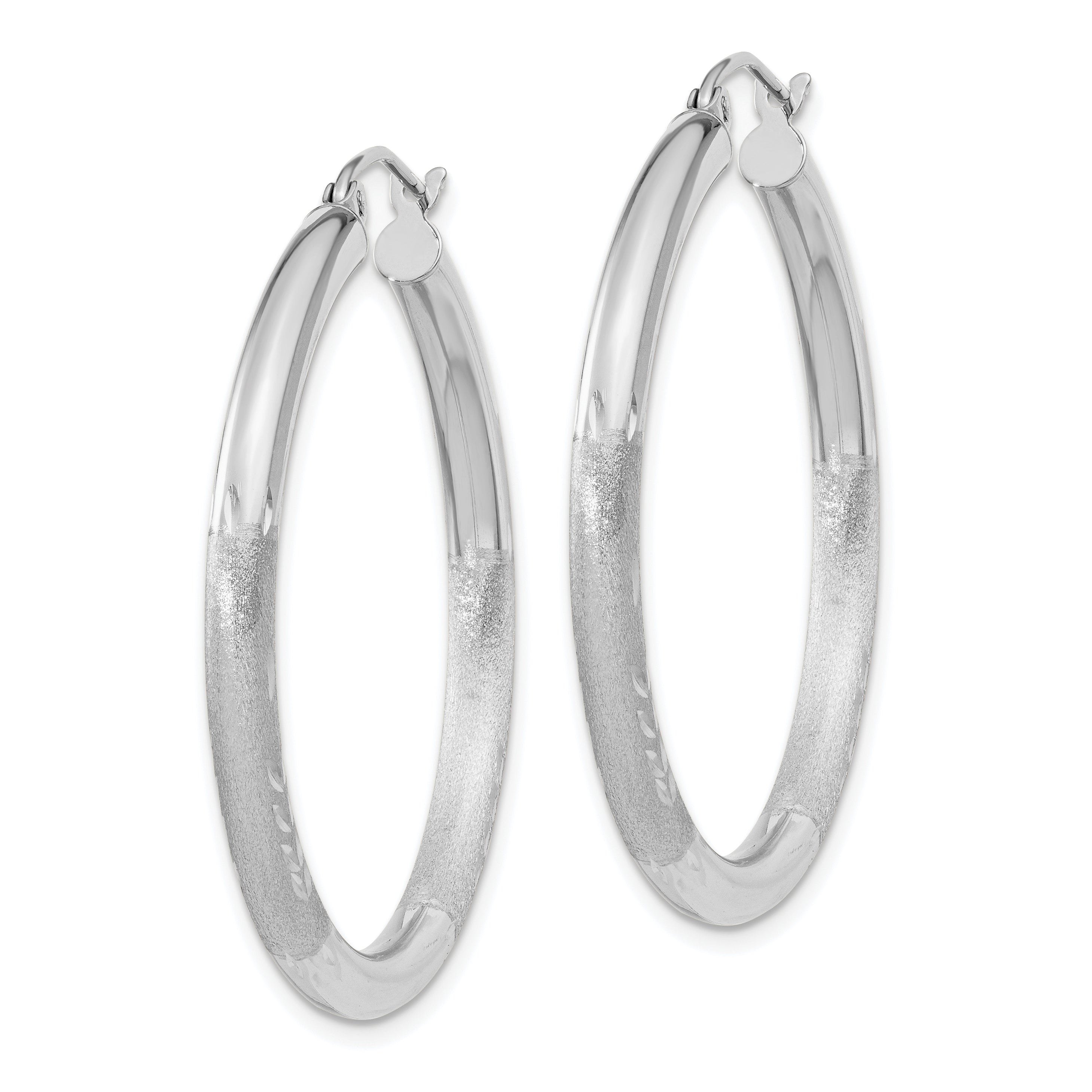 10K White Gold Satin & Diamond-Cut Hoop Earrings 3mm Elegant Design