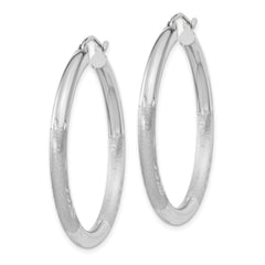 10k White Gold Satin & Diamond-cut 3mm Round Hoop Earrings