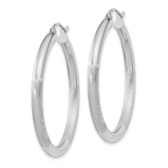 10K White Gold Satin & Diamond-Cut Hoop Earrings 3mm Elegant Design