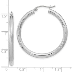 10K White Gold Satin & Diamond-Cut Hoop Earrings 3mm Elegant Design