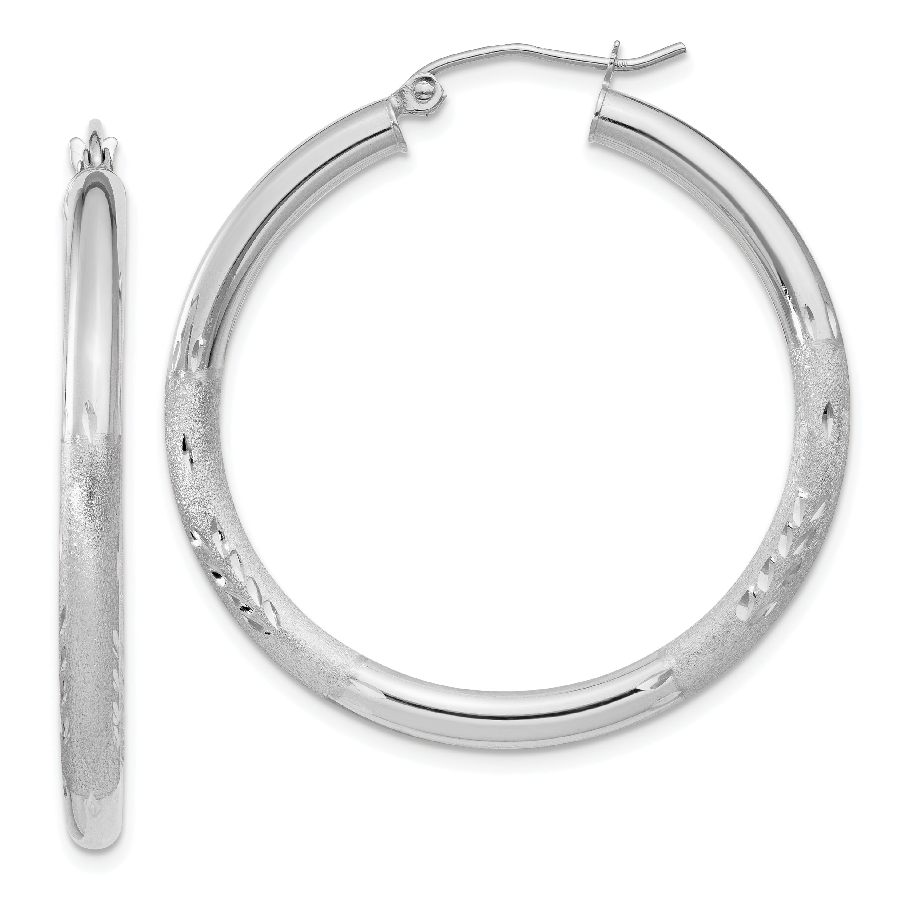 10k White Gold Satin & Diamond-cut 3mm Round Hoop Earrings