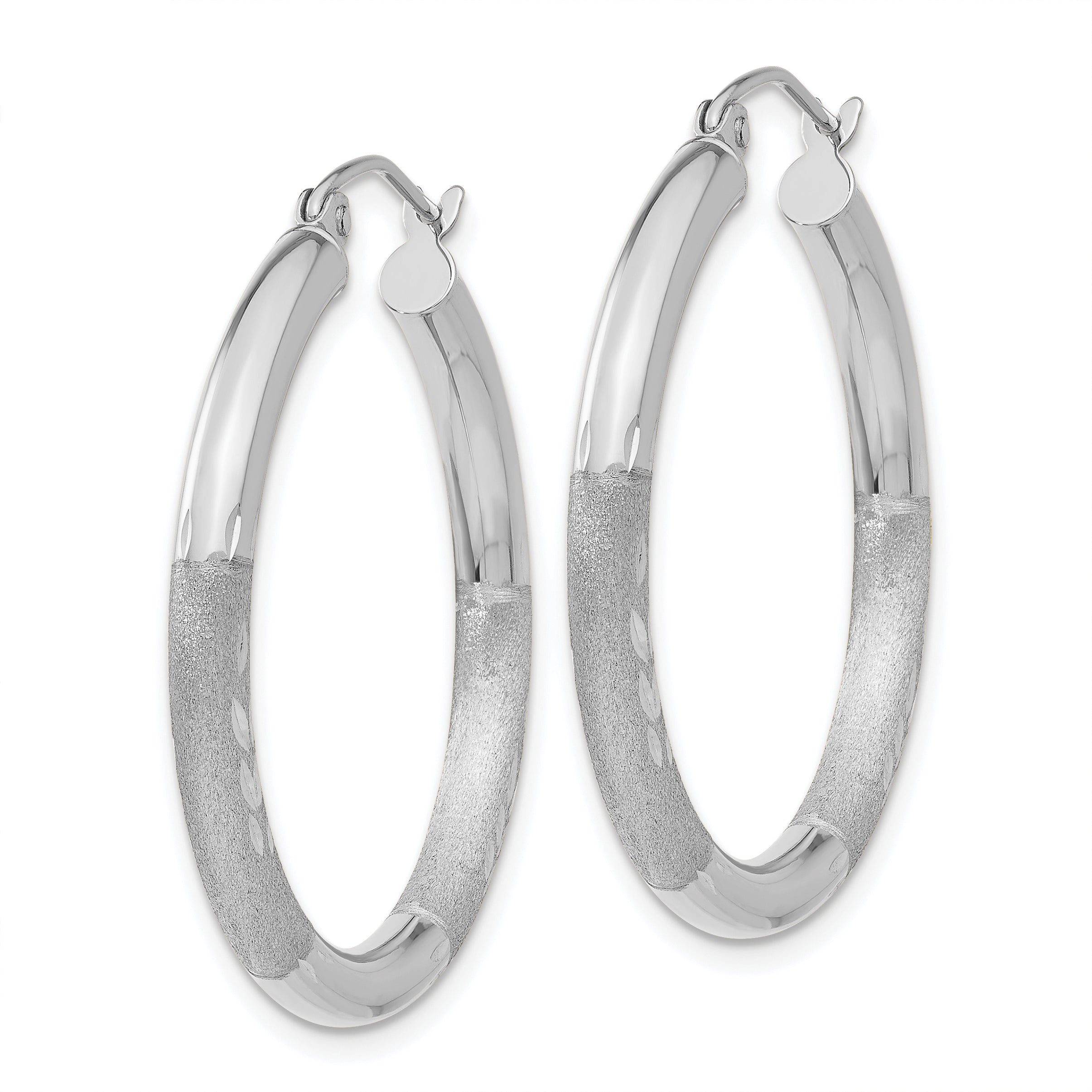 10k White Gold Satin & Diamond-cut 3mm Round Hoop Earrings