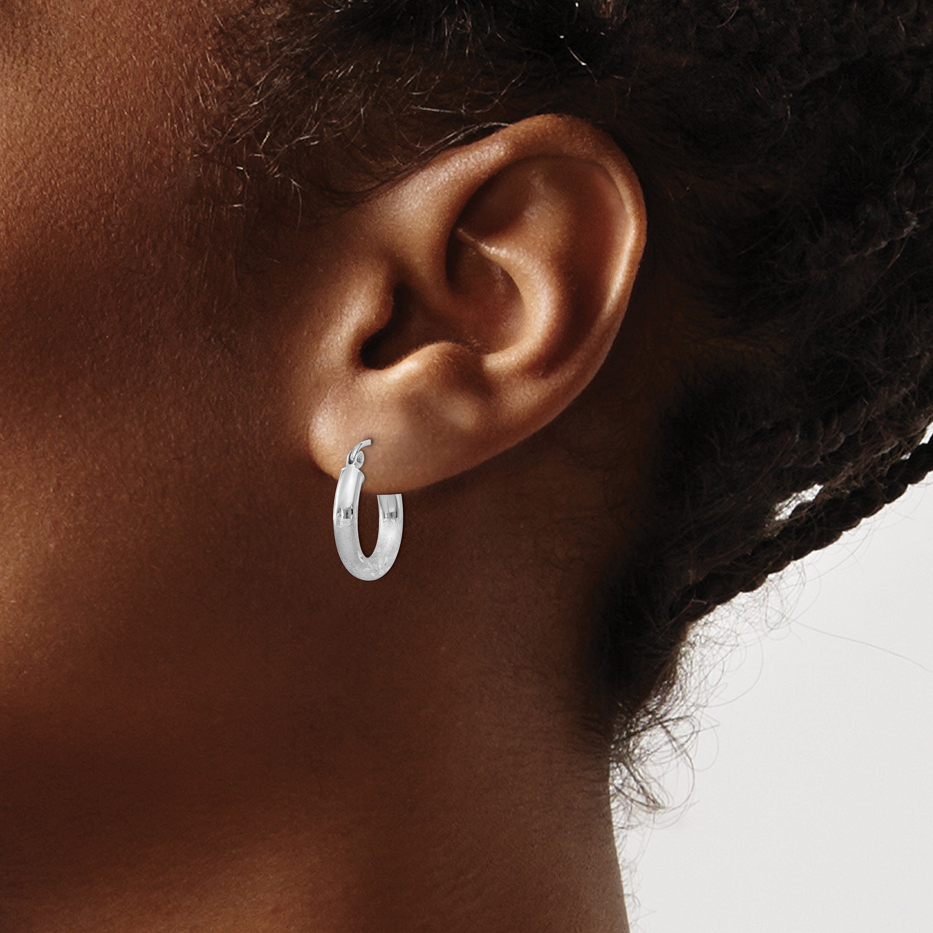 10k White Gold Satin & Diamond-cut 3mm Round Hoop Earrings