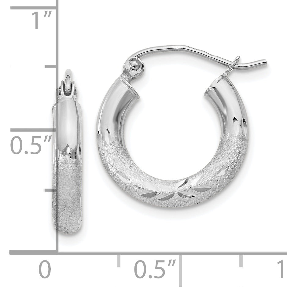 10k White Gold Satin & Diamond-cut 3mm Round Hoop Earrings