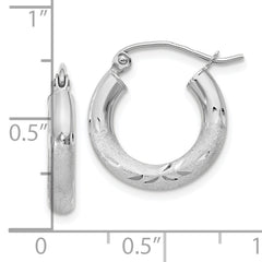 10k White Gold Satin & Diamond-cut 3mm Round Hoop Earrings