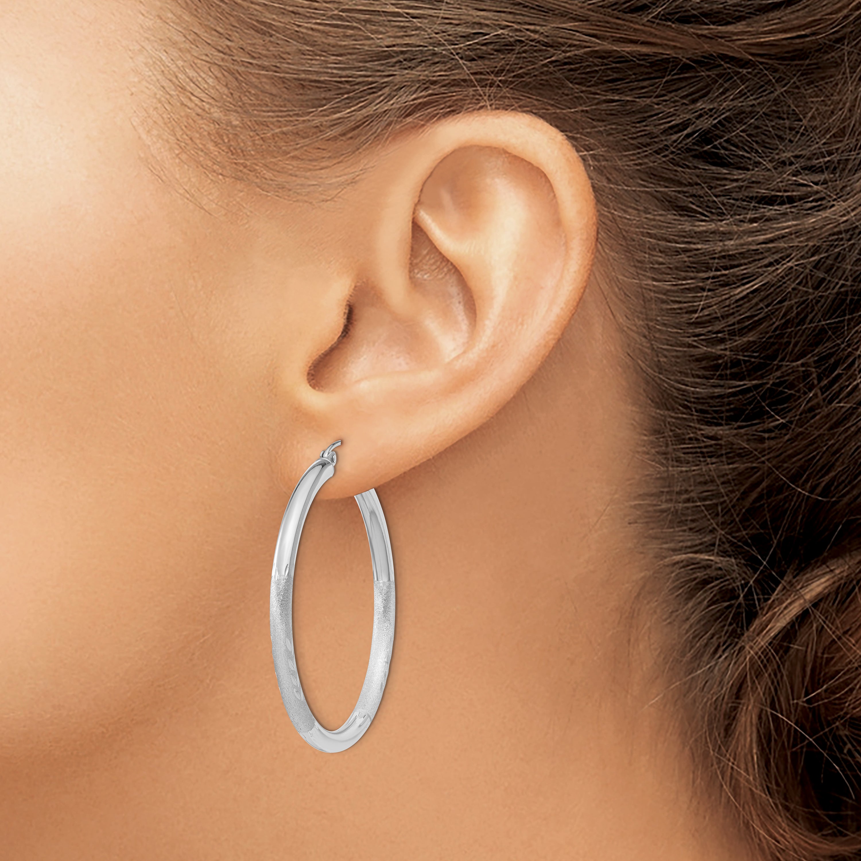 10k White Gold Satin & Diamond-cut 3mm Round Hoop Earrings