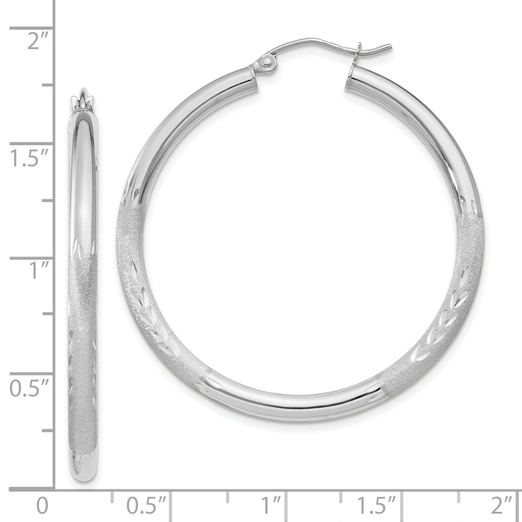 10K White Gold Diamond-Cut Satin Hoop Earrings with Polished Finish