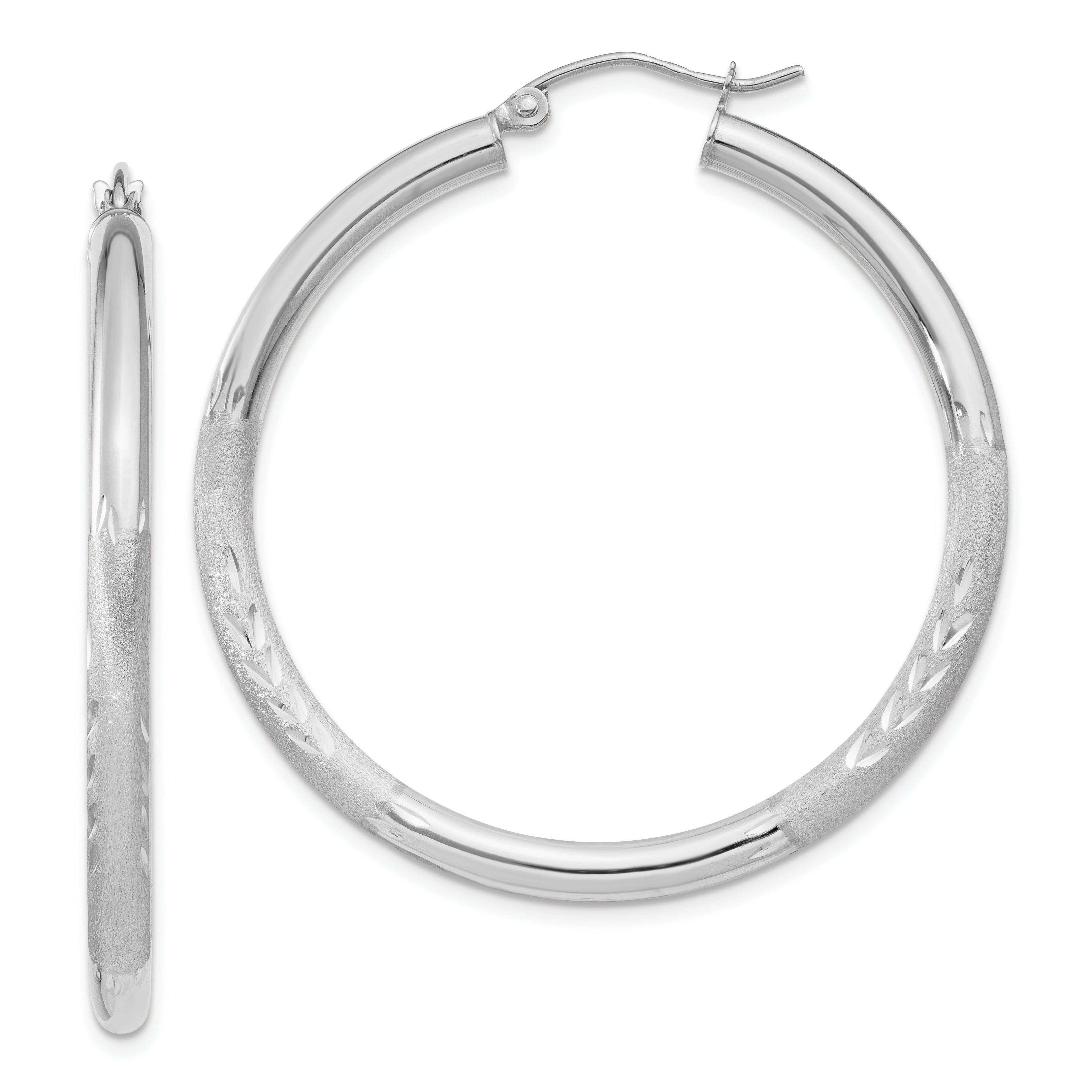 10k White Gold Satin & Diamond-cut 3mm Round Hoop Earrings