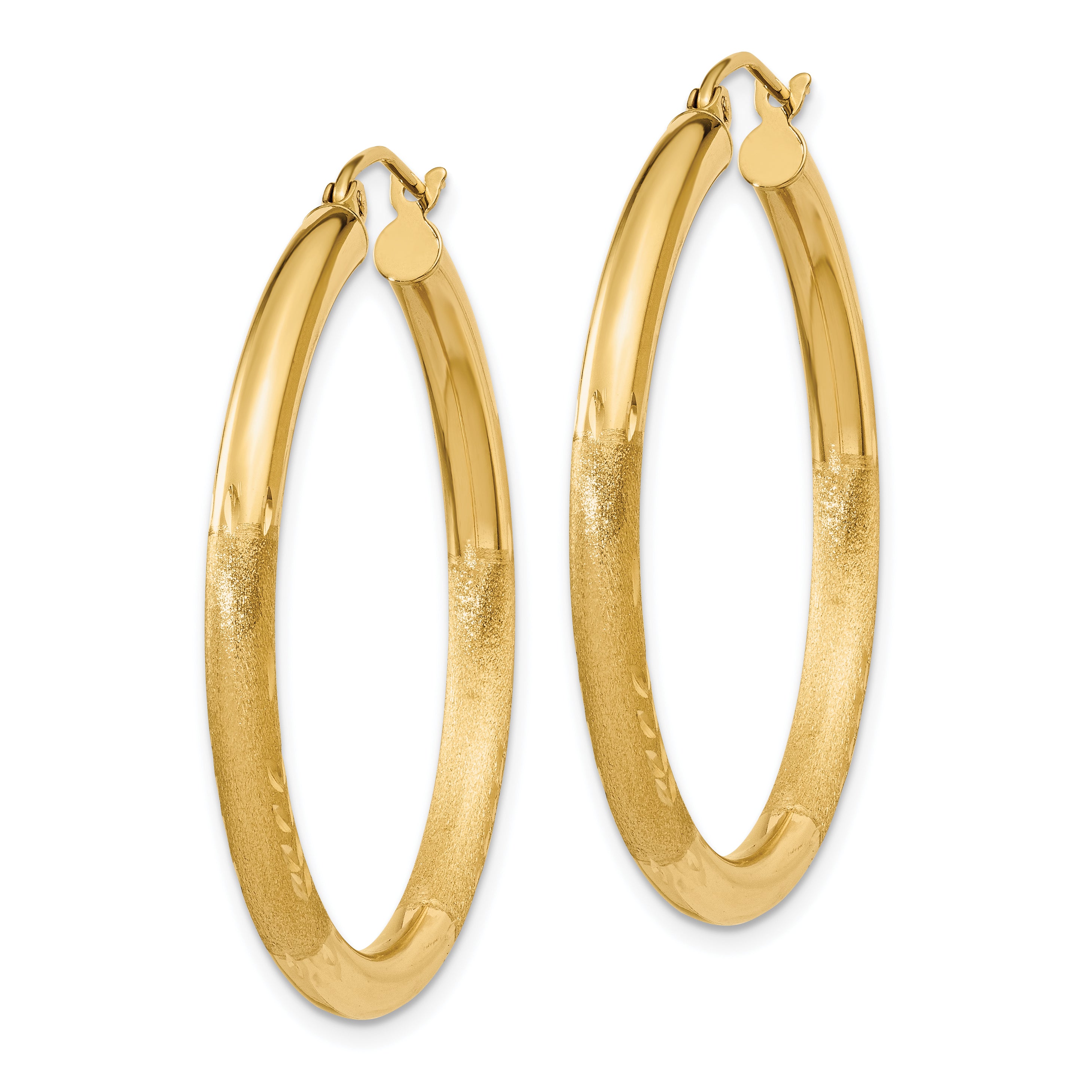 10K Yellow Gold Diamond-Cut Satin Round Hoop Earrings 3mm Stylish Design