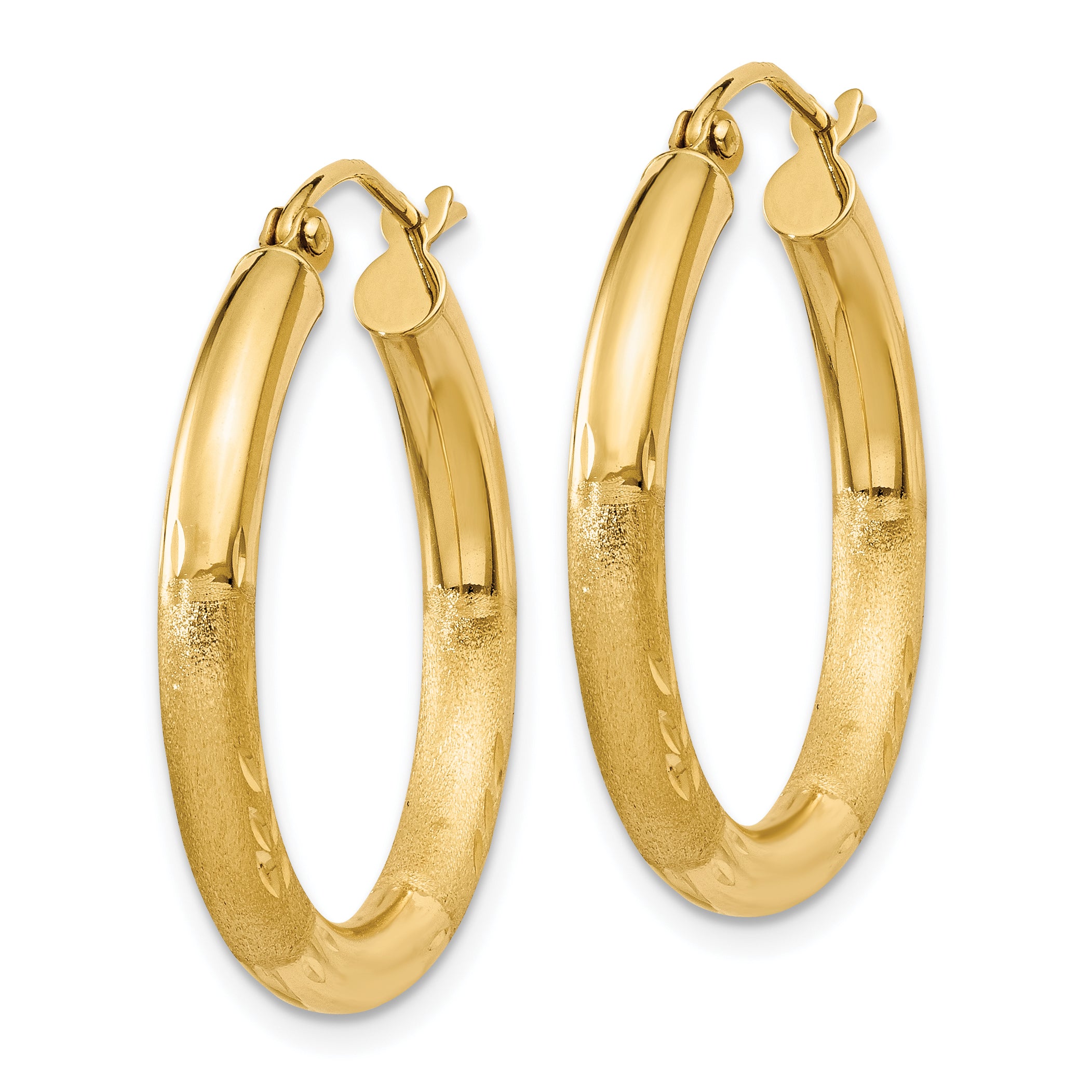 10K Gold Satin & Diamond-Cut Hoop Earrings 3mm Elegant Finish