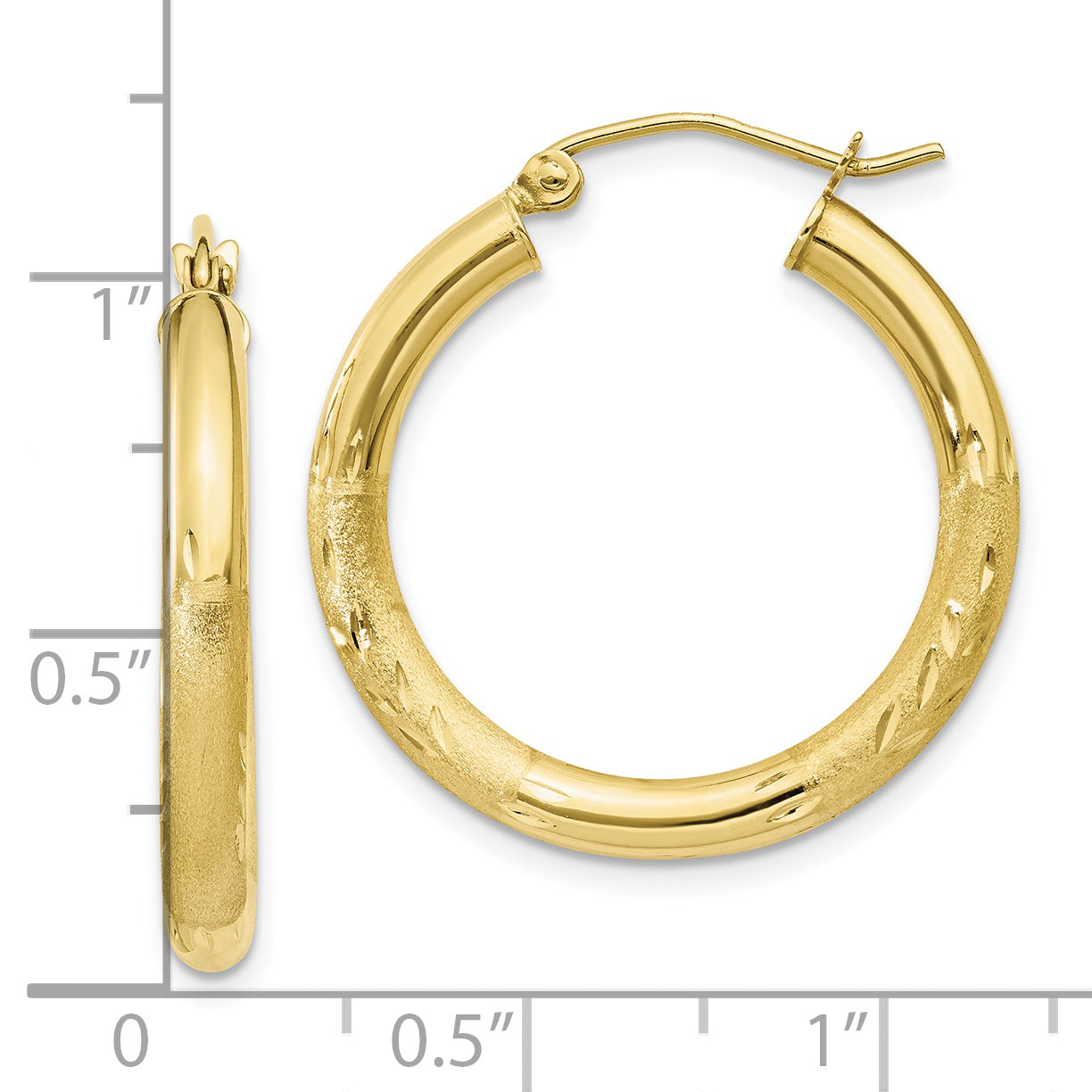 10K Gold Satin & Diamond-Cut Hoop Earrings 3mm Elegant Finish