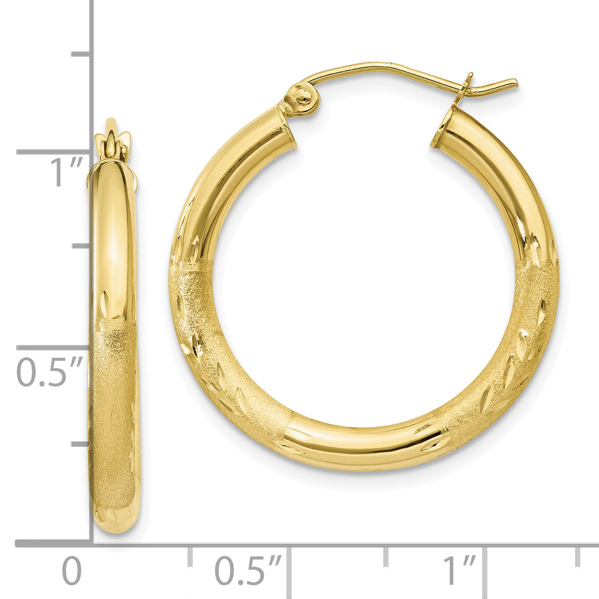 10k Satin & Diamond-cut 3mm Round Hoop Earrings