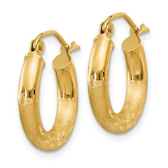 10K Gold Satin & Diamond-Cut Hoop Earrings, 3mm Elegant Brushed Finish