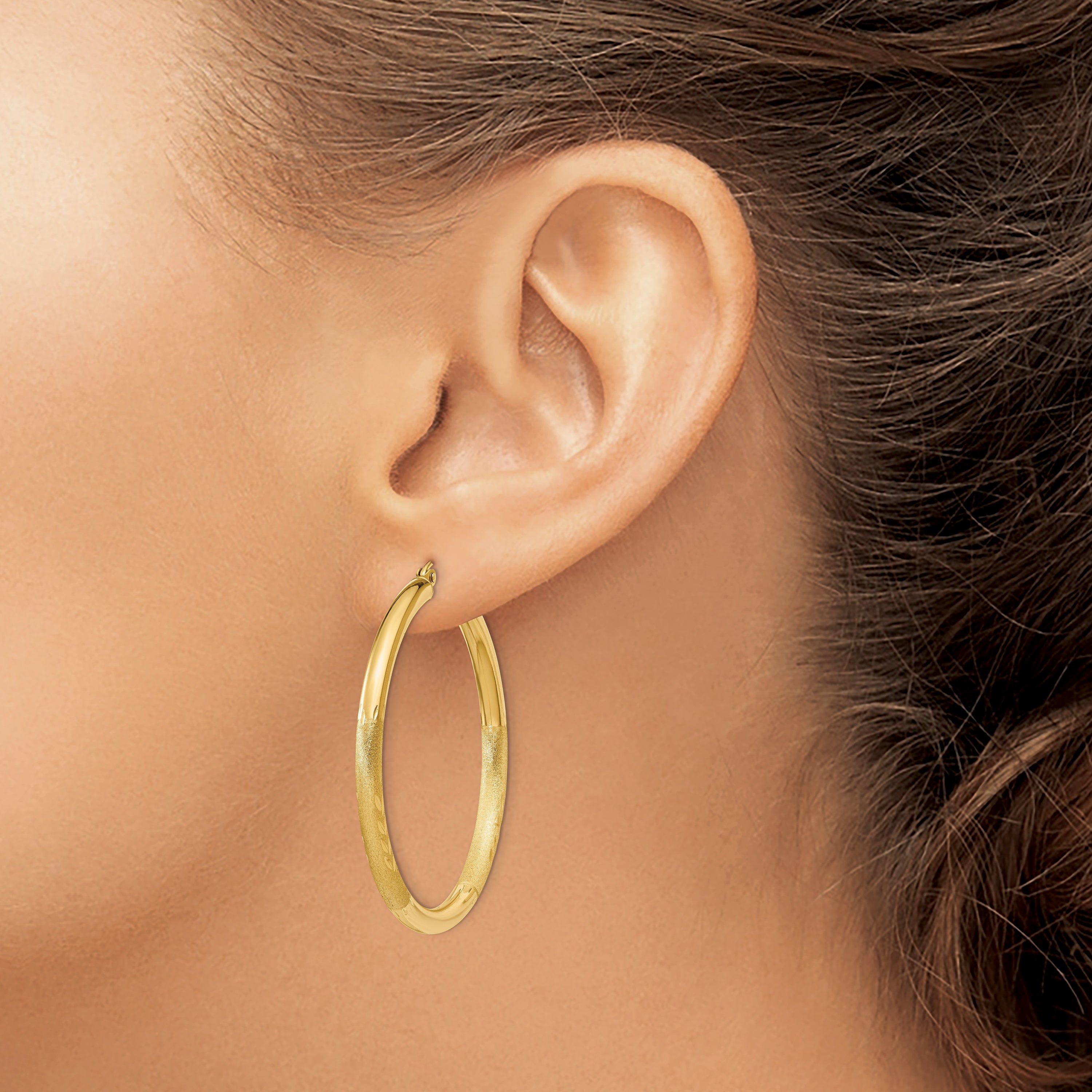 10k Satin & Diamond-cut 3mm Round Hoop Earrings