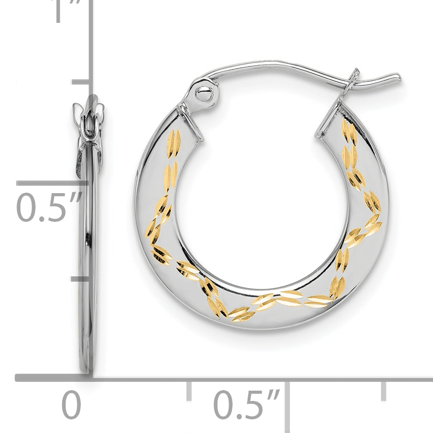 10K White Gold & Yellow Rhodium Diamond Cut Hoop Earrings