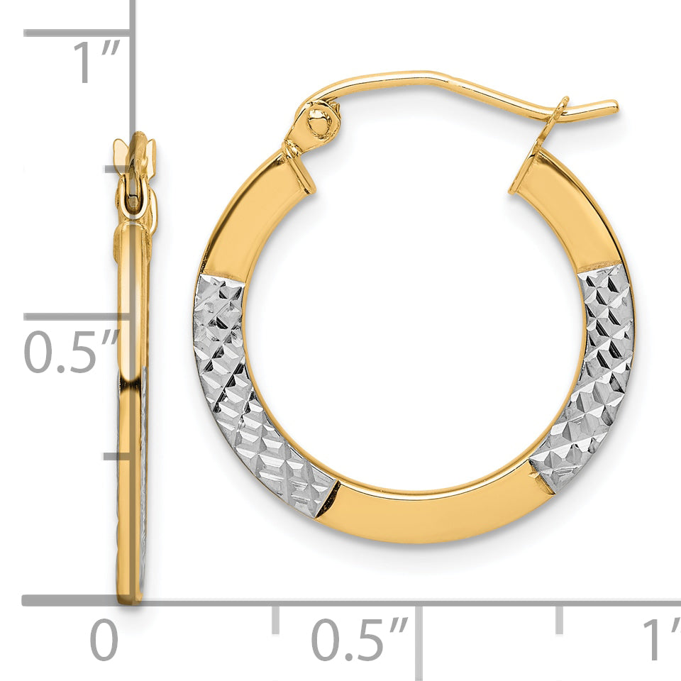 10K & Rhodium Diamond Cut 2.5x20mm Hoop Earrings